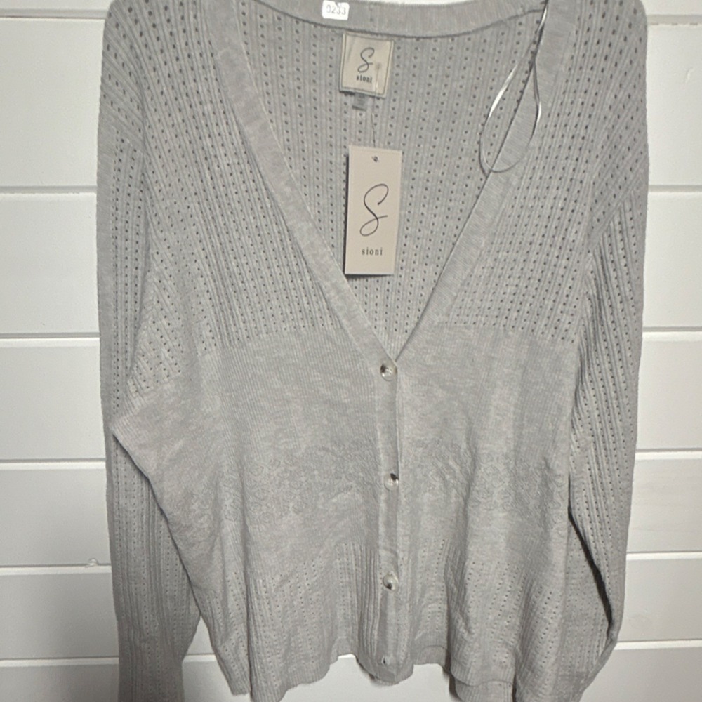 Sioni Heather Dove Open-Knit Cardigan Sweater V-Neck Plus 2X Long Sleeve
